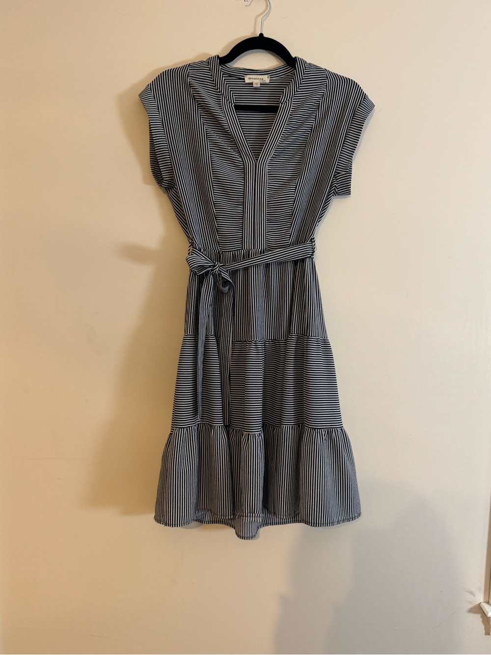 Monteau Black and White Striped V-Neck Tiered Dress